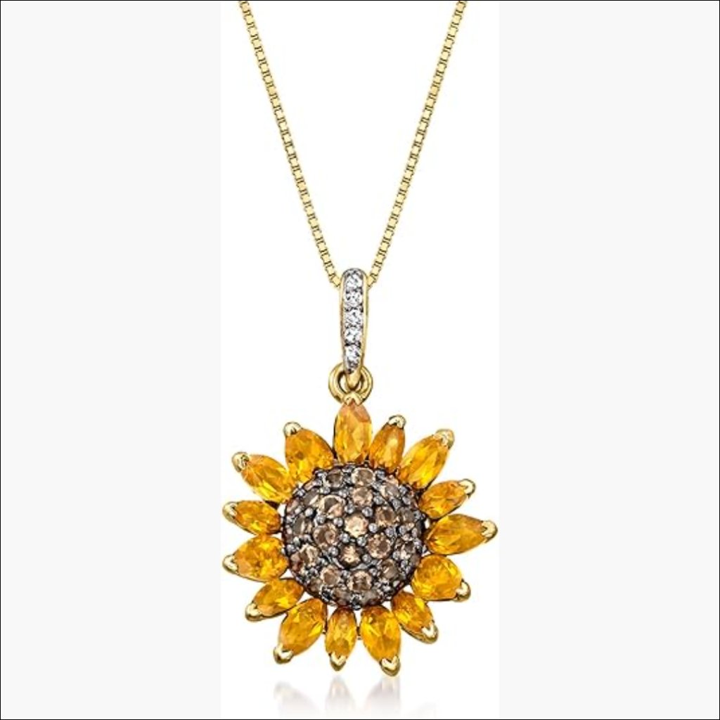Citrine Smoky Quartz White Topaz Sunflower Pendant Necklace 18kt Gold Over